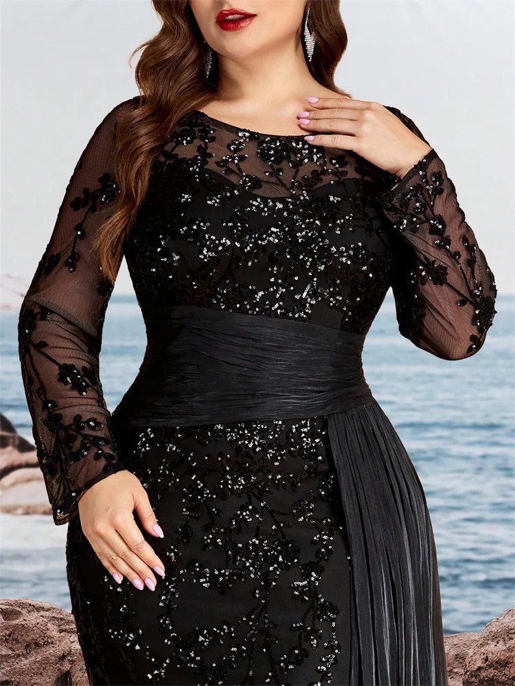 Lucyinlove Plus Size Elegant Long Sleeves Sequins Patchwork Ribbon Pleats Formal Evening Dresses Luxury Mermaid Party Gown Prom view 6