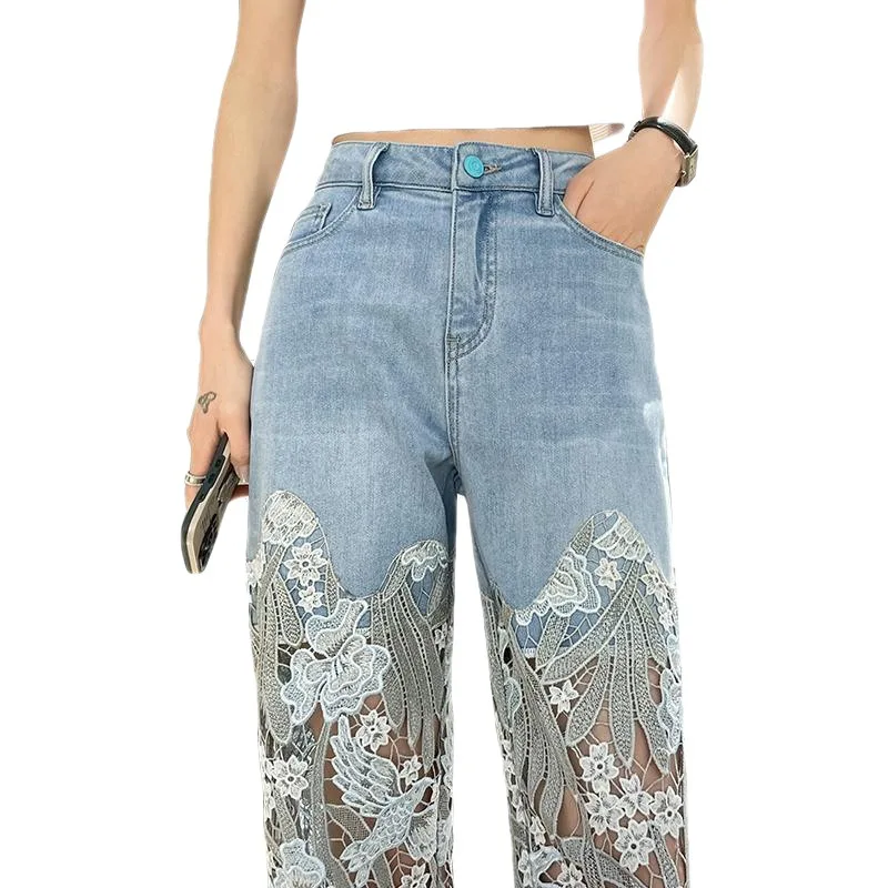 Lace Patchwork Hollow Niche Jeans Women's Summer New Fashion Straight Barrel Slim-fit Retro Casual Loose Denim Long Pants Y2k