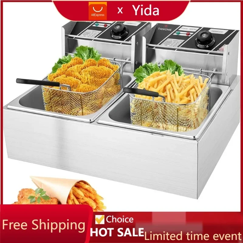 

Commercial Deep Fryer - 3400W Electric Deep Fryers with 2x6.35QT Baskets 0.6mm Thickened Stainless Steel Countertop Oil