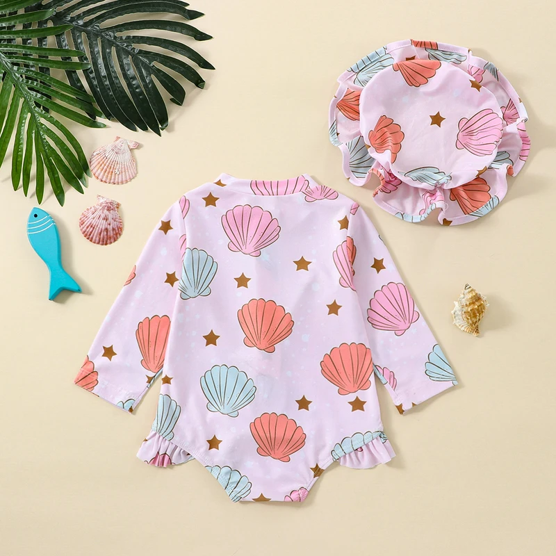 EWODOS 0-24Months Newborn Baby Girls Summer Sunscreen Swimwear Long Sleeve Floral/Shell Print Bathing Suit with Hat Bikini Set