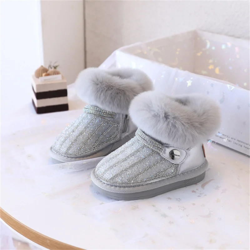2025 Winter Children Snow Boots For Girls Leather Bling Bling Warm Plush Princess Shoes Non-slip Fashion Cotton Shoes EU21-30