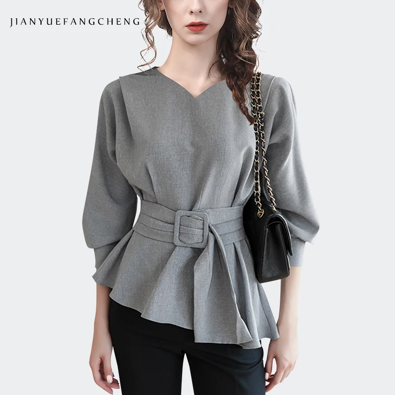 2023 Spring Fashion Women Lantern Sleeve Sweetheart Neck Grey Shirt Asymmetrial Design Belt Lace-Up Casual Working Top Blouses