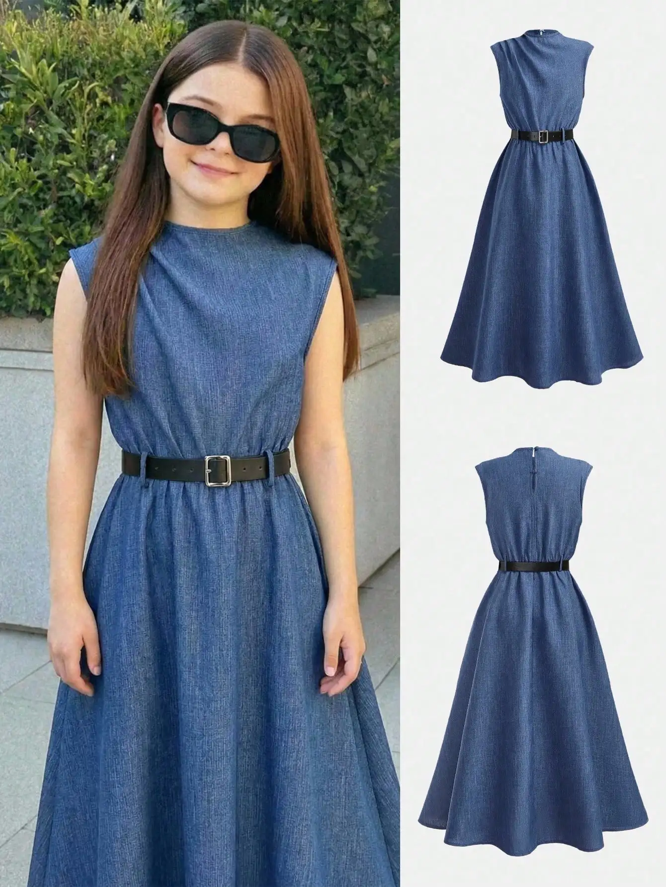 

Navy Blue Sleeveless Midi Dress With Belt For Women