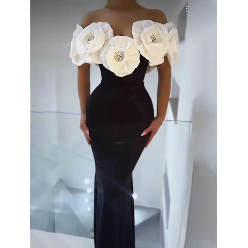 

Stereoscopic White Flowers Sexy Off The Shoulder Ankle Lenght Bandage Dress Woman Birthday Party Vestido Wedding Party Outfit