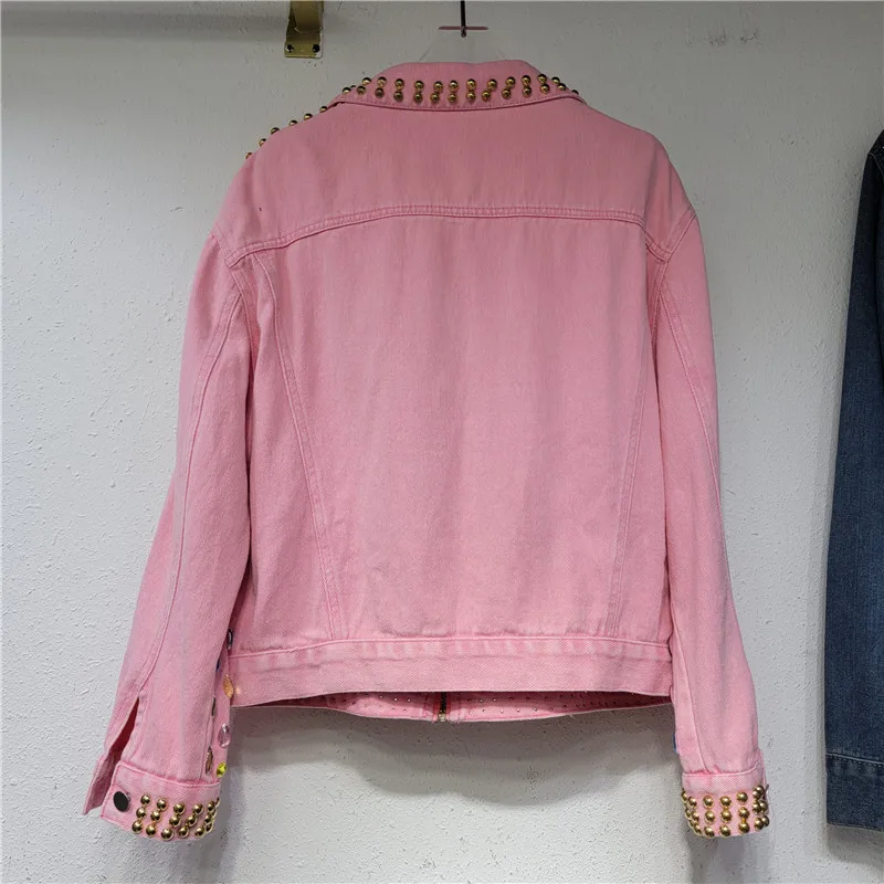 Rivet Studded Diamond Pink Denim Jacket Spring Autumn Chic Fashion Lapel Zipper Loose Women's Short Jean Coat Streetwear