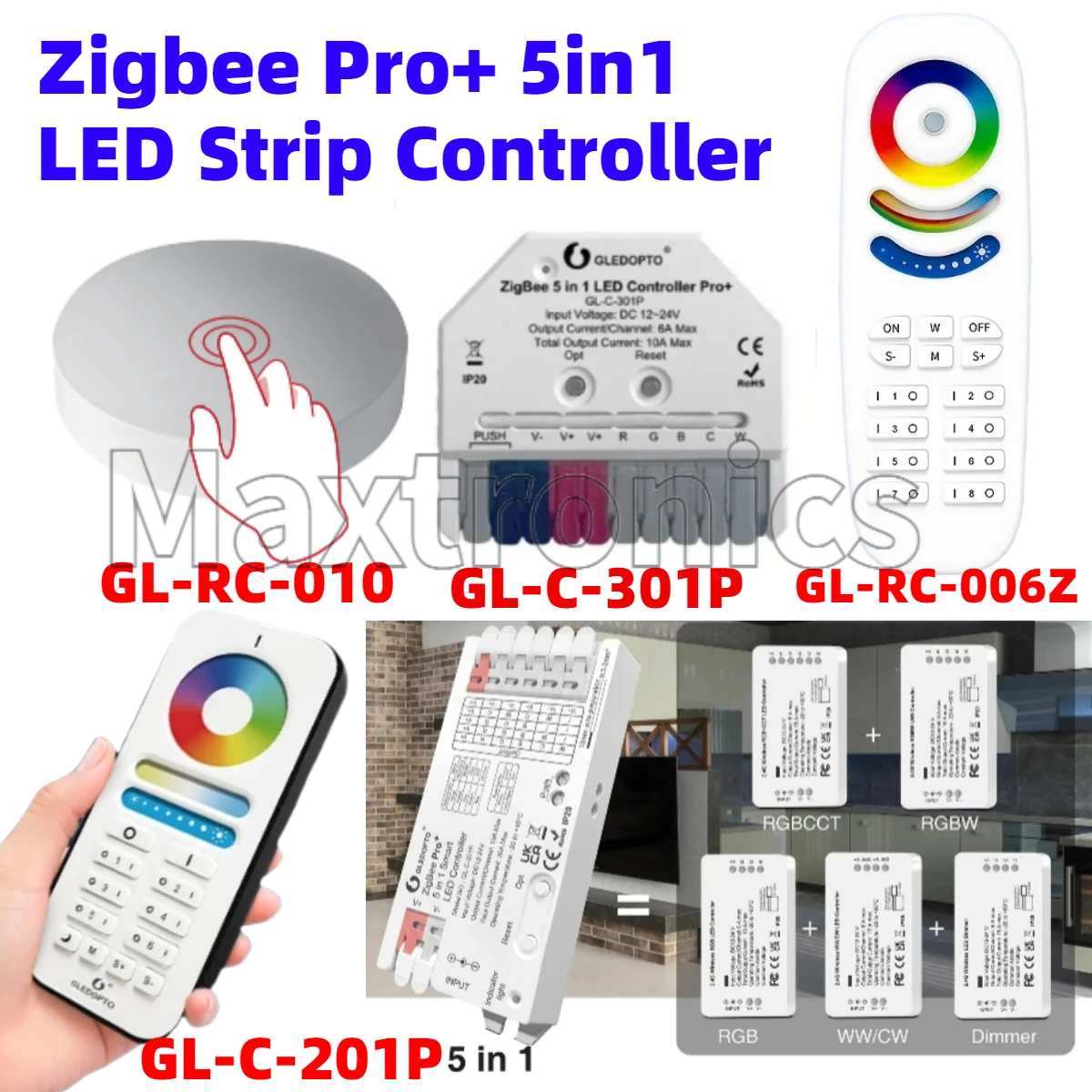 

Контроллер светодиодных лент Zigbee Pro + 5 в 1, радиочастотный пульт дистанционного управления RGBCCT/RGBW/RGB/CCT/диммер, 10 А, макс. Alexa Tuya Smart APP Voice GLEDOPTO