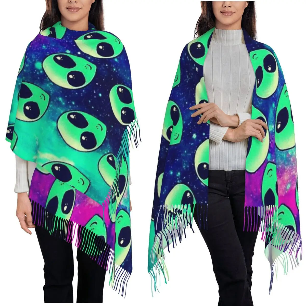 Funny Alien Pattern Scarf Tassel Scarves for Women Soft Warm Shawls and Wraps Long Fall Winter Shawl Wrap