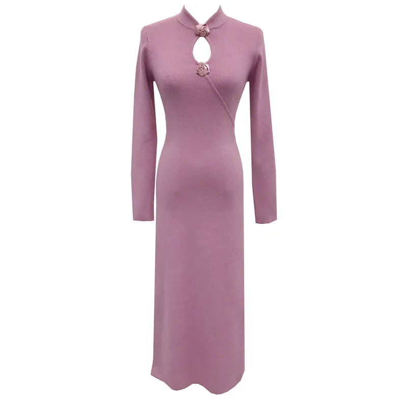 7820 Abito lungo dimagrante in vita con spacco scavato floreale con colletto cheongsam in tinta unita nuovo stile cinese primaverile