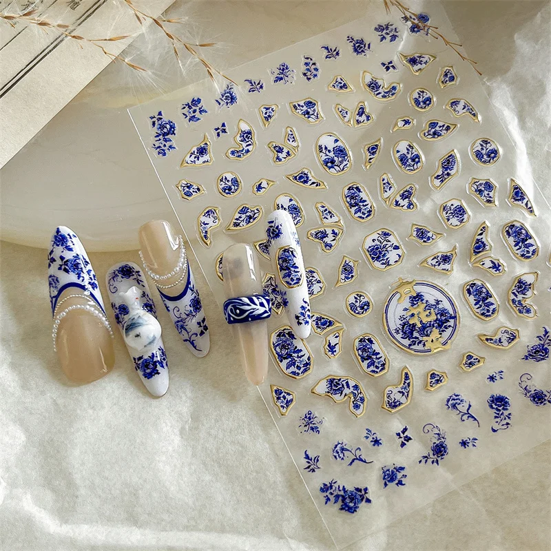 Estilo chinês azul e branco porcelana etiqueta do prego meia-noite azul floral cerâmica arte do prego decalque slef adesivo diy manicure salão