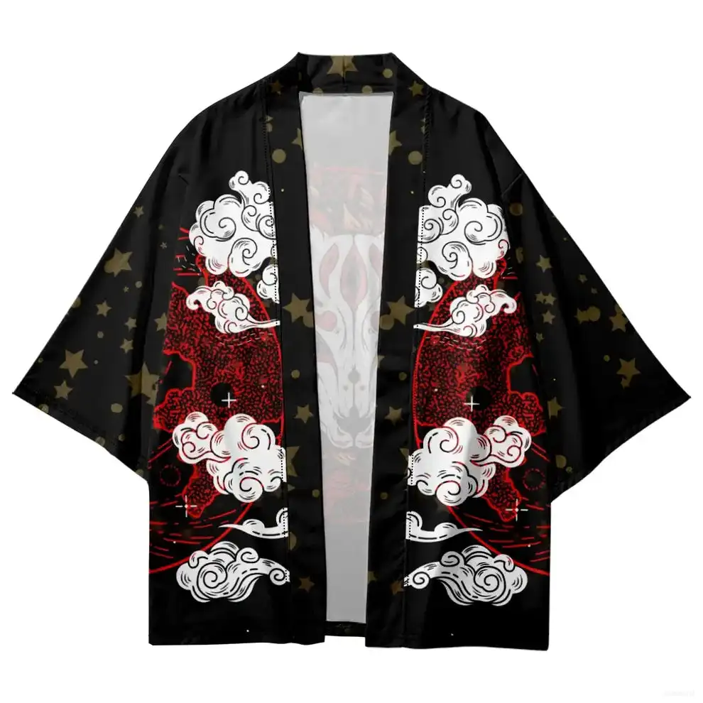 Inari Fox Haori Ethnic Style Flower Series Kimono Cloak Loose Seven-Sleeve Cardigan 3D Digital Printed Shirt