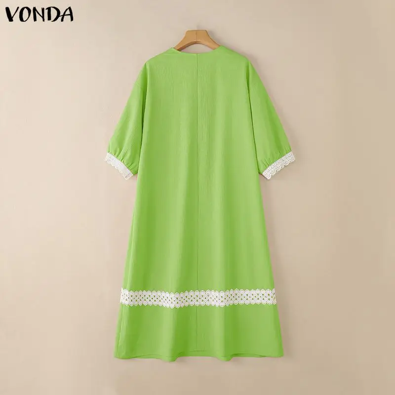 VONDA 여성 우아한 롱 셔츠 드레스 v 넥 레이스 패치 워크 미디 sundress 패션 캐주얼 루즈 3/4 슬리브 파티 가운 여성