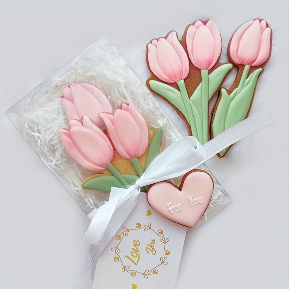 Juego de 6 Moldes para Galletas con Forma de Tulipán - Cortadores de Galletas en Relieve 3D para el Día de la Madre, San Valentín, Cumpleaños y Bodas