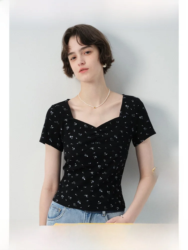 

Rui plus Size Floral T-Shirt Short Sleeve Slim Fit Women's New Summer Vintage Fat Mm Top Commute Style Simple Folded Home Wear