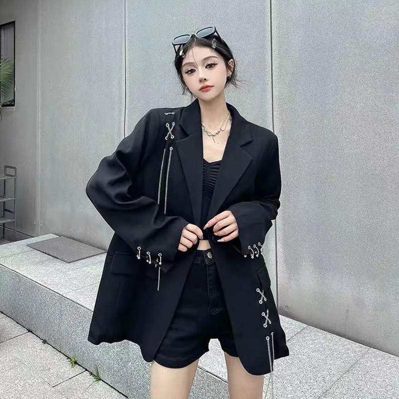 

Black Women Y2k Autumn Fashion Streetwear Chain Decoration Suit Jackets Korean Oversized Casual A Button Coats