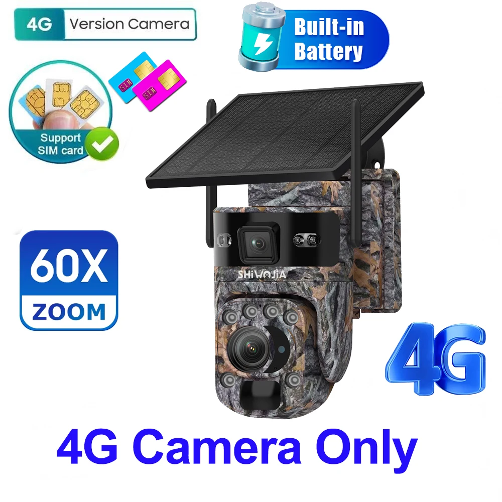 SHIWOJIA 6K 12MP 4G zonne-beveiligingscamera 60X ZOOM buiten 360 °   Bekijk Animal Monitoring Solar Battery Security Surveillan Video