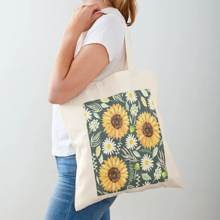 Sunflowers and Daisies Watercolor Green Pattern Tote Bag Fabric bag Candy bags canvas bags