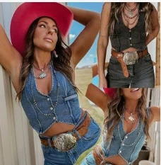 

Women's Sexy Tank Top 2024 Autumn Winter Latest Cowboy Style Single Breasted V-Shaped Collar Denim Vest Solid Color Waist Sling