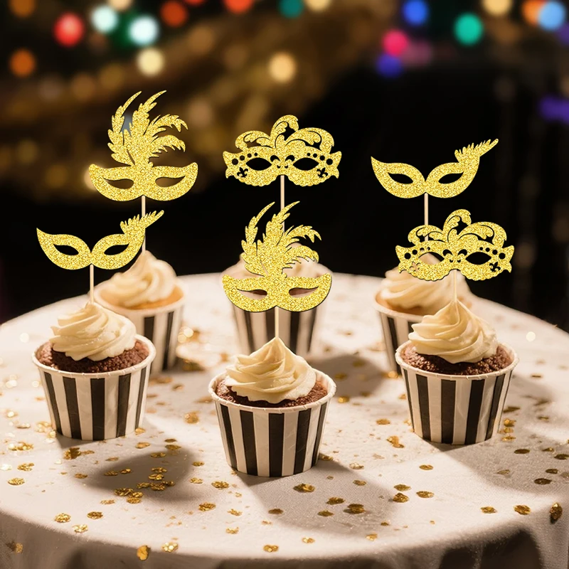 NUBECOM 24 pièces masques de mascarade Cupcake Toppers paillettes Bachelorette fête Cupcake choix mascarade Mardi Gras décorations de gâteau