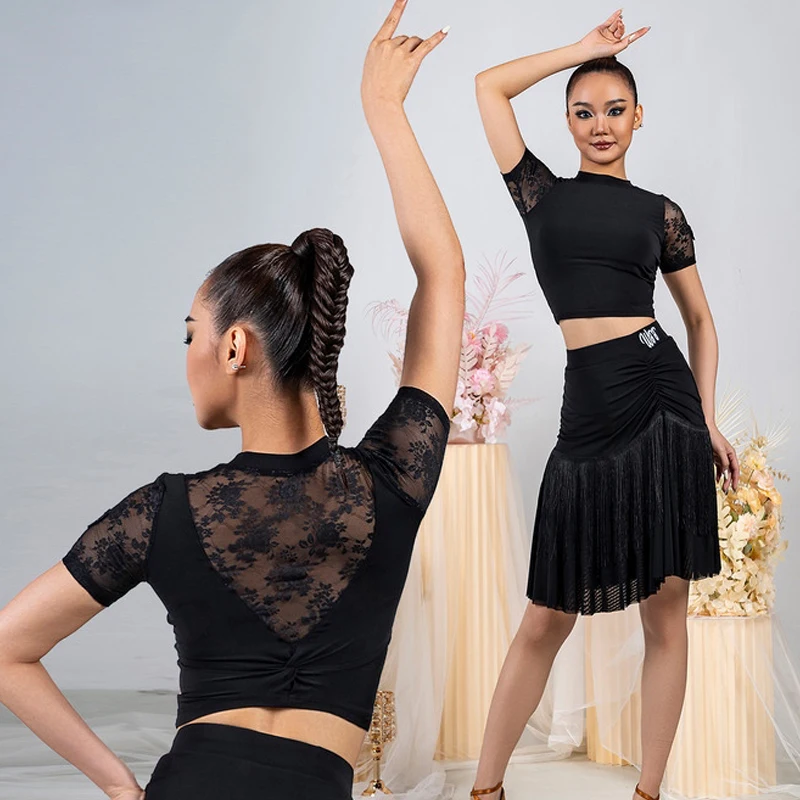 

2025 Black Lace Latin Dance Short Tops Fringe Skirt Women Club Cha Cha Rumba Samba Salsa Dance Clothes Practice Clothes DNV23881