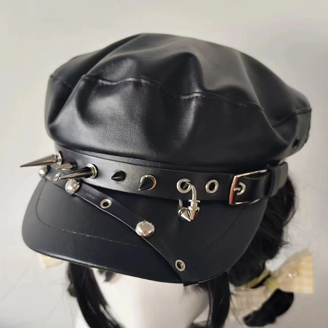 Dark Yamamoto Retro Punk Rivet Y2k PU Leather Octagonal Hat Female Subculture Showing Face Small Beret Cap