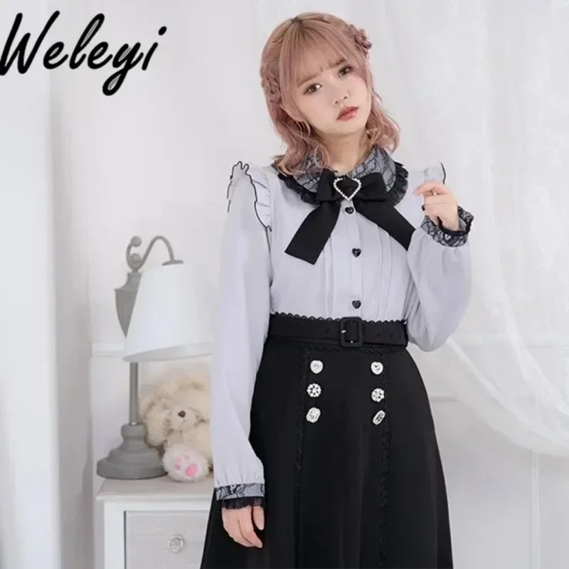 Jirai Kei Lolita Top Shirt Japanese Women\'s 2024 Spring and Autumn Sweet Bow Long Sleeved Cute Lace Bubble Sleeve Fashion Shirts