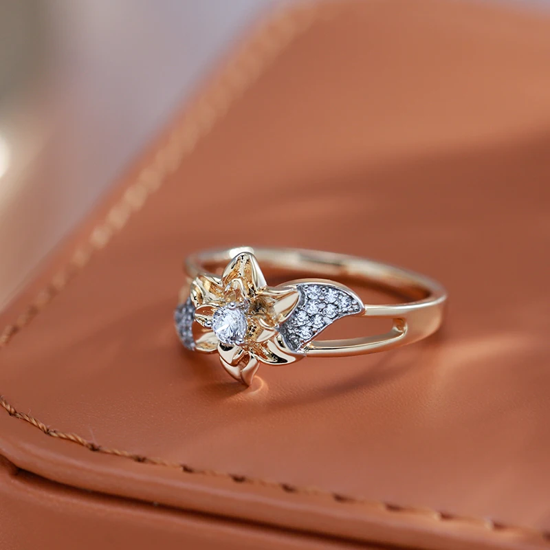 Kinel Hot 585 Rose Gold Color Silver Plated Flower Rings For Women Vintage Natural Zircon Bride Wedding Jewelry Luxury Ring