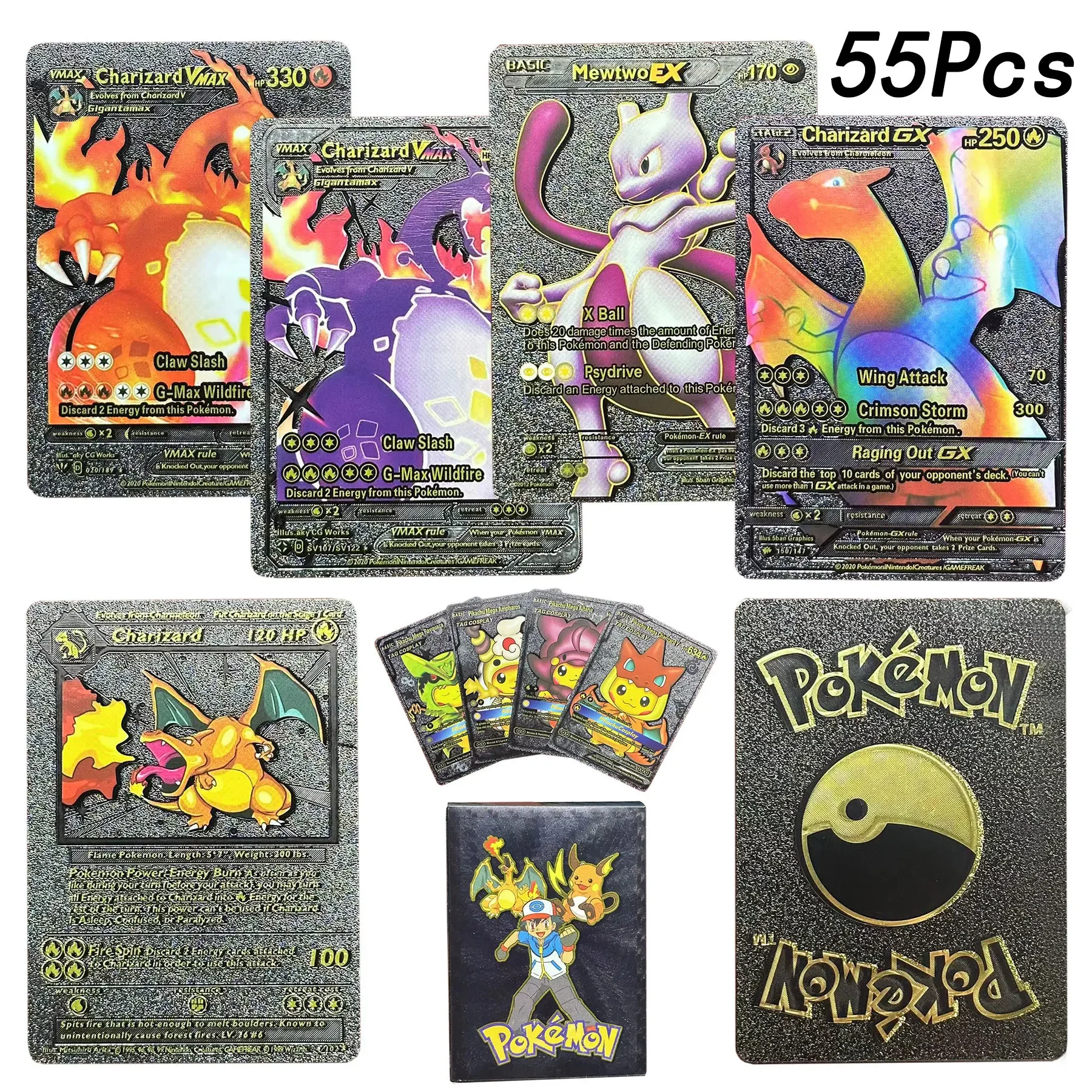 Tarjeta de papel de aluminio dorado colorido de Pokémon, Charizard, Pikachu, Arceus, plata, negro, arcoíris, inglés, francés, alemán, español, VSTAR