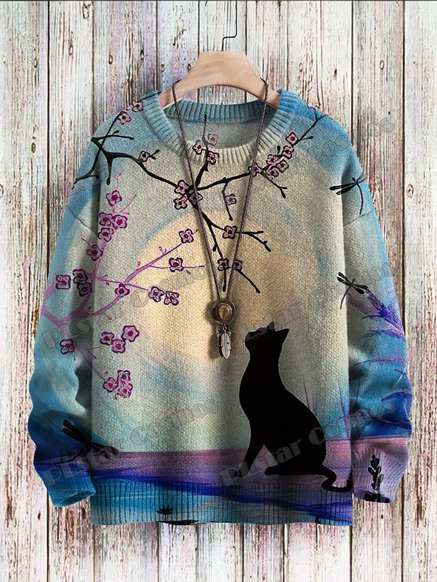 Vintage Cat & Halloween Vintage Ghost Pattern 3D Printed Men's Knitted Pullover Winter Unisex Casual Knit Pullover Sweater ZZM90