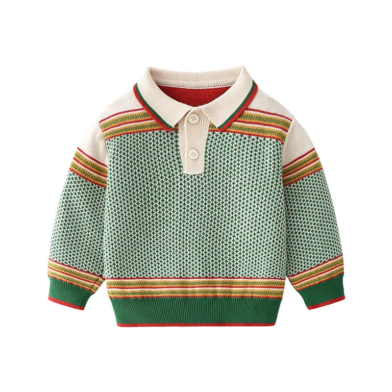 Autumn Winter Children Boys Polo Shirts Striped Patched Thickened Kid Baby Boys Pullover Cotton Elaist Hem Little Boys Sweater