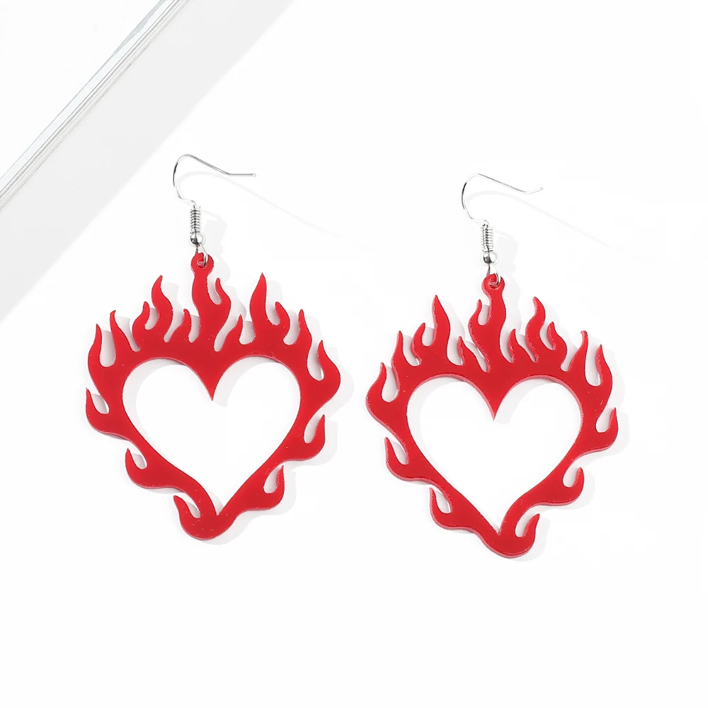 Creative Retro Acrylic Red Heart-shape Flame Earrings Hip Hop Simple Style Ear Pendant Jewelry for Women