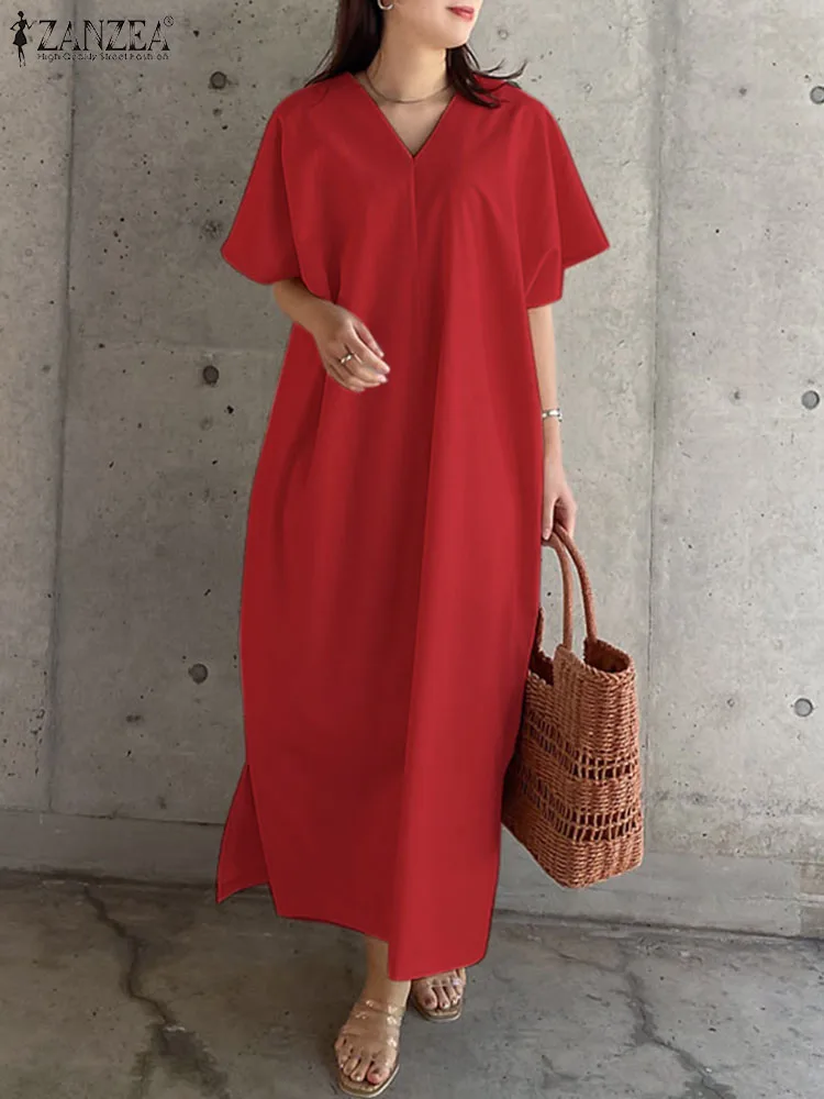 ZANZEA Summer Fashion Solid Dress Women Half Sleeve V Neck Sundress Causal Loose Work Holiday Vestidos Robe Elegant Midi Dresses