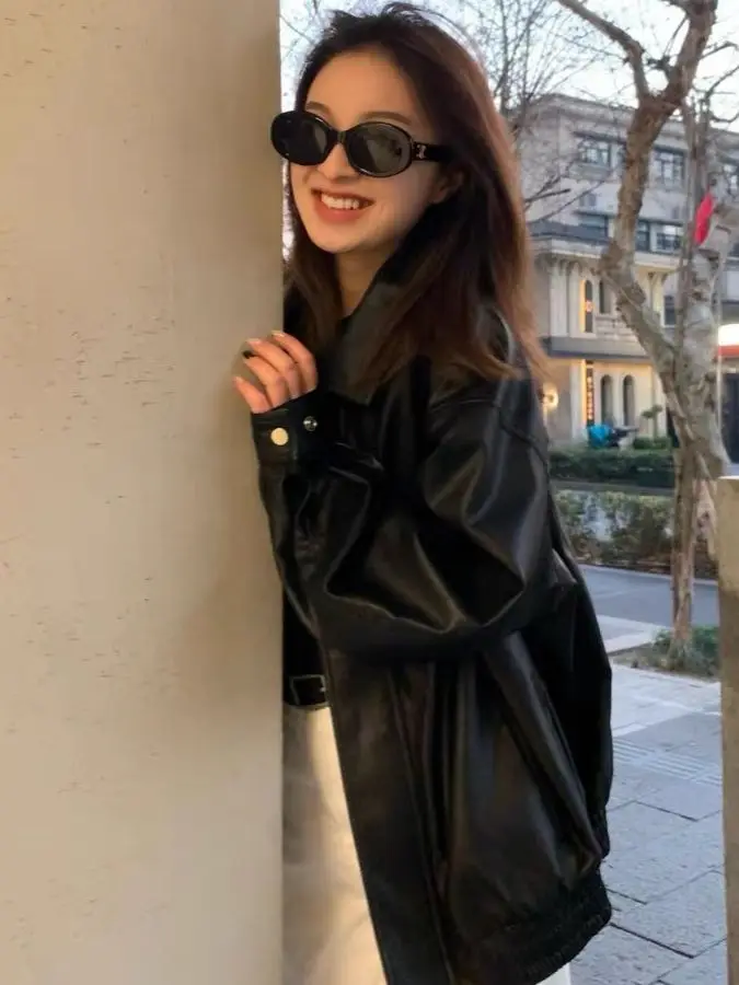 Bla PU Leather Jaet المرأة فضفاضة تناسب خمر Sle ort معطف تنوعا الخريف الشتاء تصميم Faion عارضة الرجعية Jaet #3