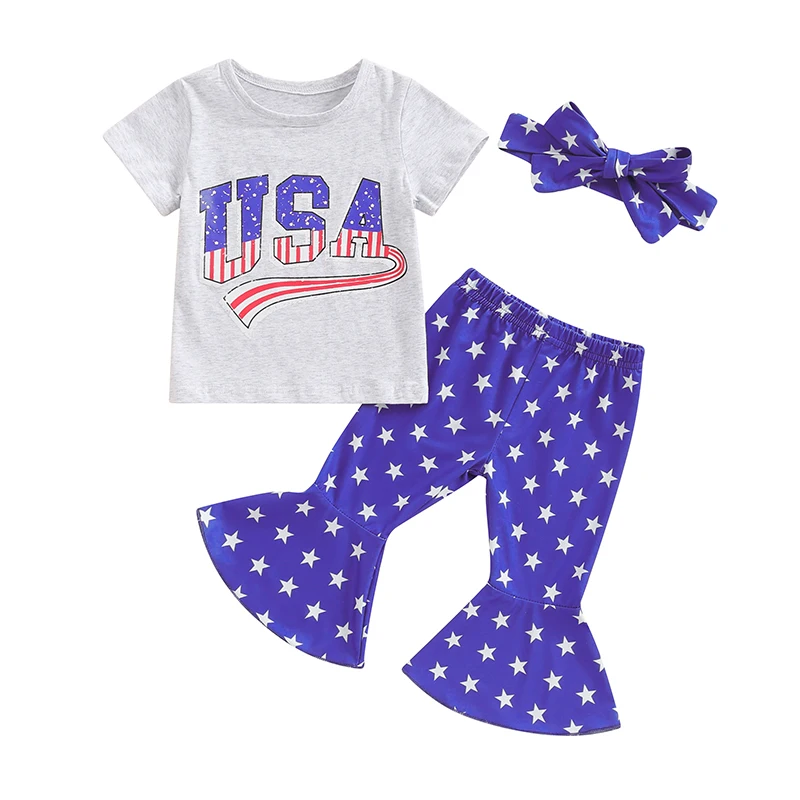 Big Sister Little Sister Matching 4th of July Outfit Retro USA Romper T-Shirt Bell Bottom Headband Clothes Set