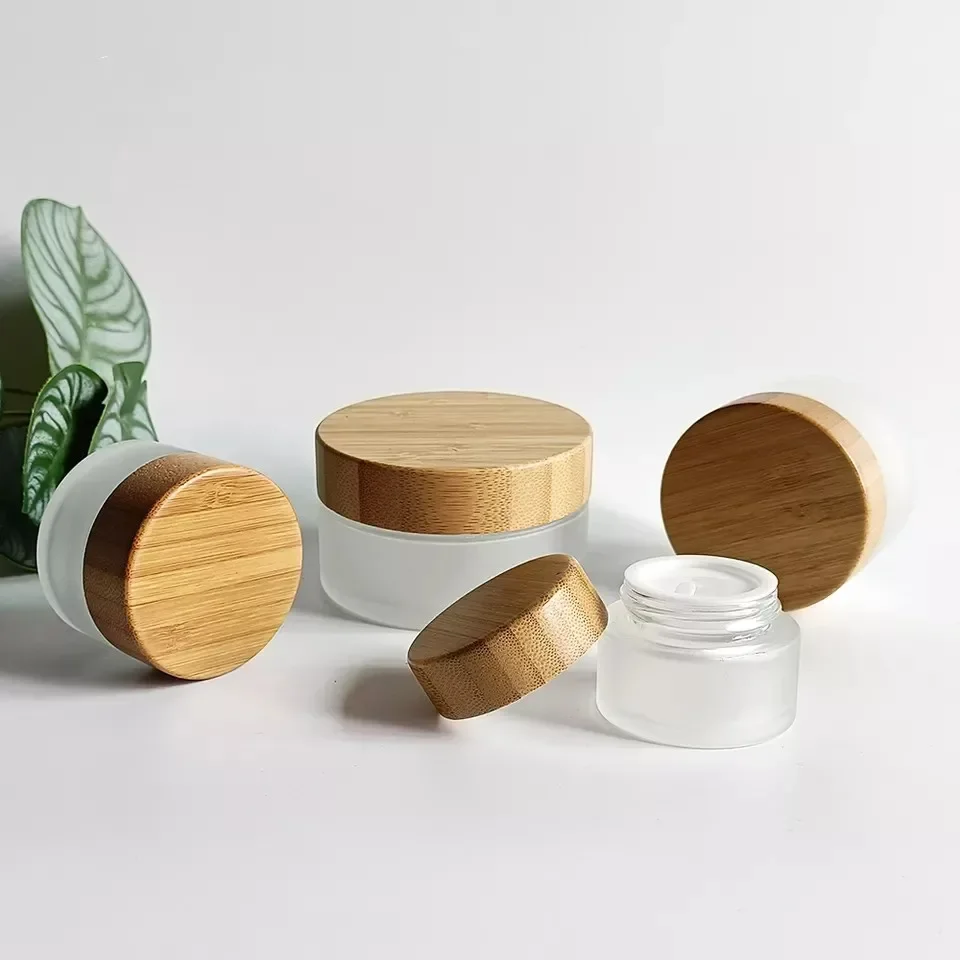 Wholesale 15g 30g 50g 100g Travel Cosmetic Packaging Frosted Glass Eye Cream Jar with Natural Bamboo Wooden Lids for Skin Care