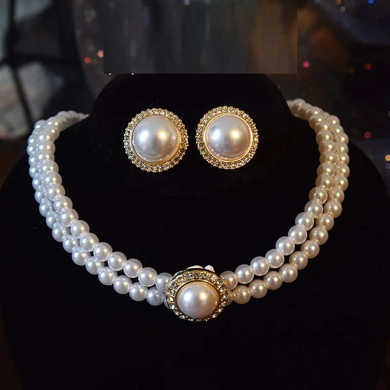 luxury brand copy Pearl necklace earring Set female collarbone chain bride's wedding accessory with rhinestone two-piece jewelry