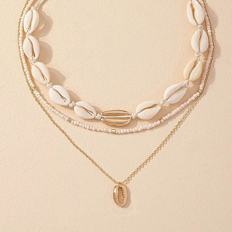 Boho Layered Necklace Women Seed Bead Shell Pendant Multi Strand Natural Beach Jewelry Festival Gift
