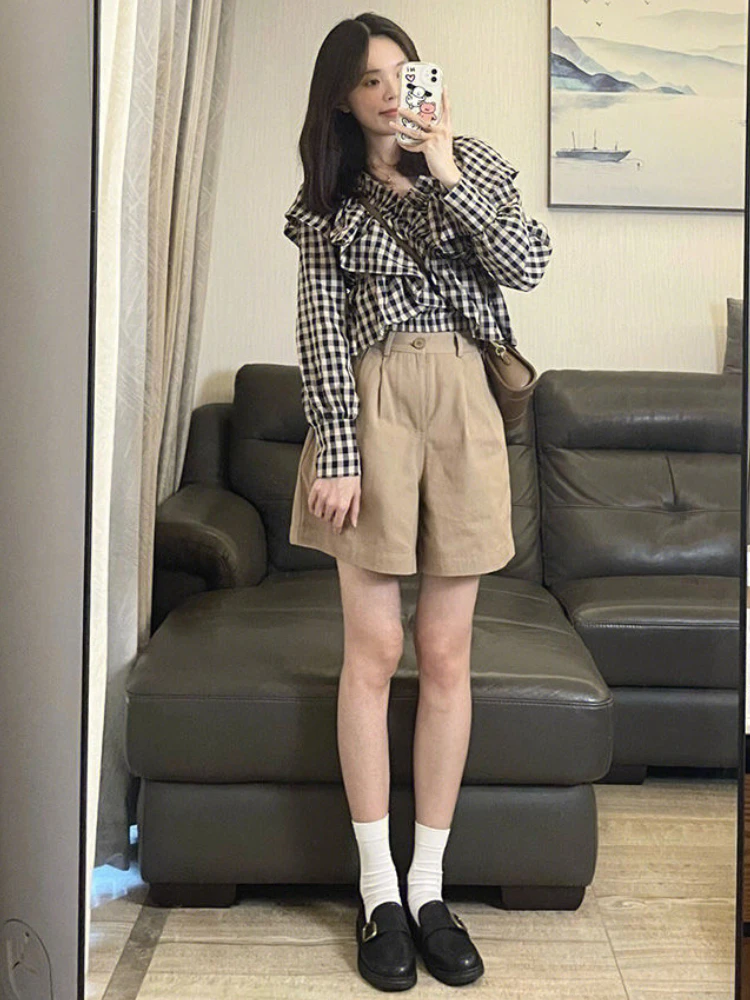 Plaid Blouses Women Ruffles Lovely Schoolgirls Elegant Creativity New Personality All-match Daily Simple Korean Style Leisure