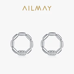 Ailmay Round Shining CZ Stud Earrings 925 Sterling Silver Irregular Geometric Design Earrings For Fine Female Fashion Jewelry