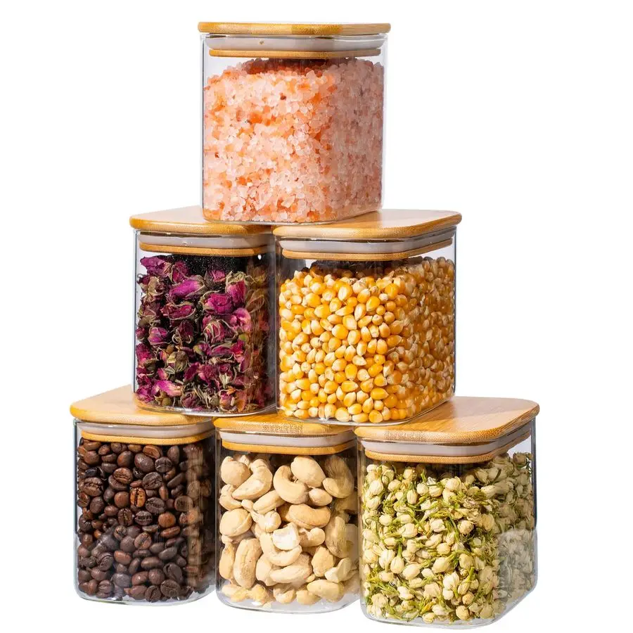 Juego de 6 Recipientes Rectangulares de Vidrio para Despensa con Tapas, Frascos de Vidrio con Tapas, Frascos Transparentes para Almacenamiento de Alimentos, Bote Pequeño para Sal y Pimienta