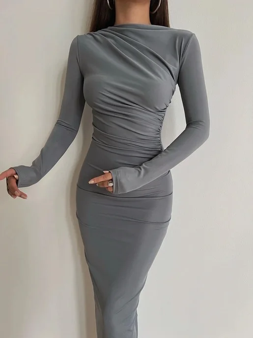 Womens Slim Slim Sexy Zippered Long-sleeved One-step Collar Solid Color Cocktail Dress Regular Ankle-length Long Dress For Women