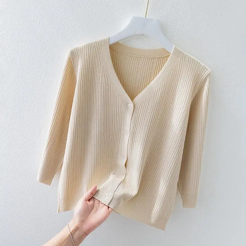 Ice Silk Knit Cardigan Women\'s Thin Mid-sleeve Cutout Sundress Small Shawl Jacket Top Sweater Vest