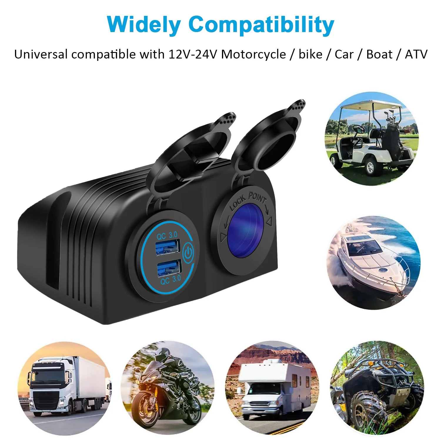 Tent Type Two Holes Quick Charge 3.0 Dual USB Car Charger 12V/24V Cigarette Lighter Socket for Car Motorcycle Boat Marine ATV RV