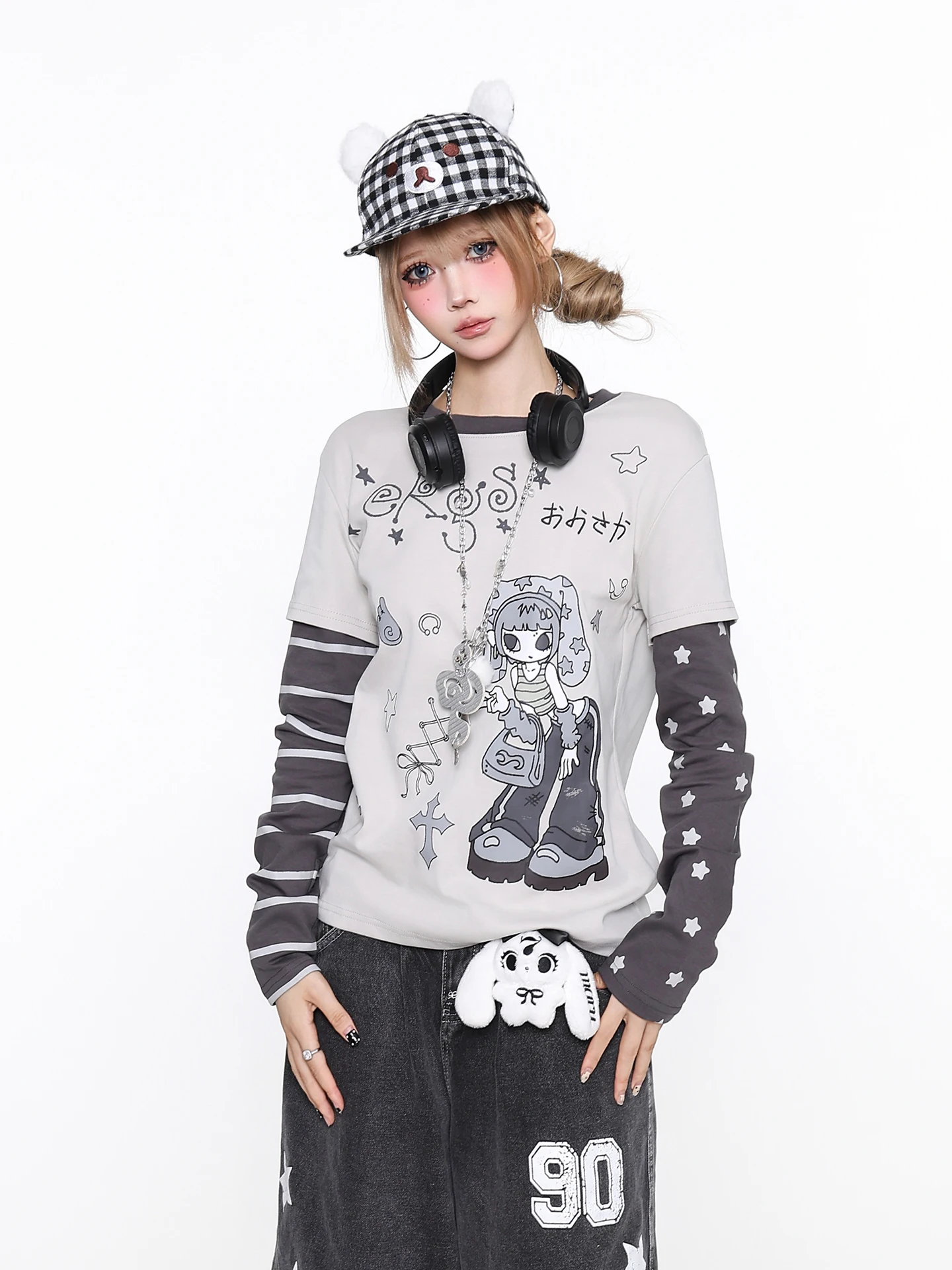 Orange Jam YO Cute Retro Cartoon Pattern Fake Two-Piece T-Shirt for Women Slimming Versatile Casual Long Sleeve Top