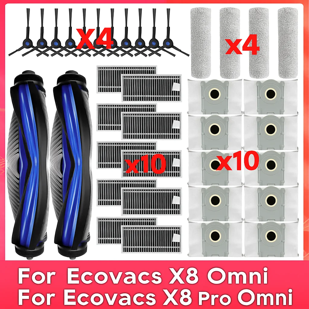 متوافق مع ( Ecovacs X8 Pro Omni / X8 Pro Plus AI / Yeedi S14 Plus / DEX56 ) قطع الغيار والإكسسوارات: بكرة، فرشاة جانبية، فلتر، قطعة قماش، كيس غبار