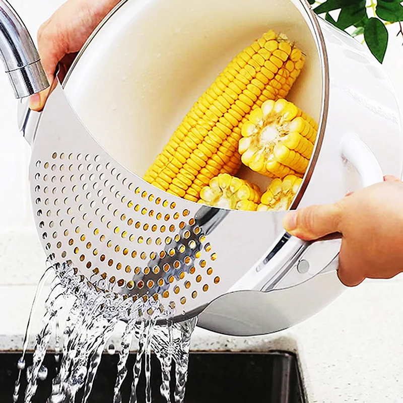

Stainless Steel Kitchen Drainer Fruit And Vegetable Water Filter Slag Board Pot Edge Filter Baffle Kitchen Tools