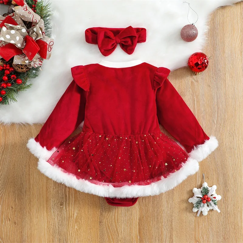 Baby Girls Christmas Clothes 2Pcs Newborn Infant Plush Patchwork Long Sleeve Dress Jumpsuit Hairband Set for Toddler 0-24 Months