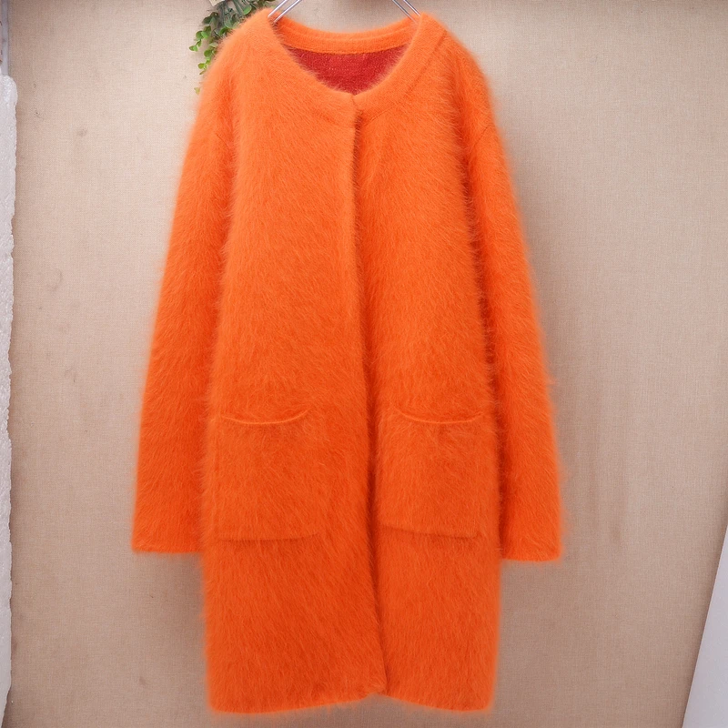 Elegant Fashion Ladies Women Thick Warm Hairy Mink Cashmere Knitted Medium Long Sweater Slim Angora Cardigans Jacket Coat Pull