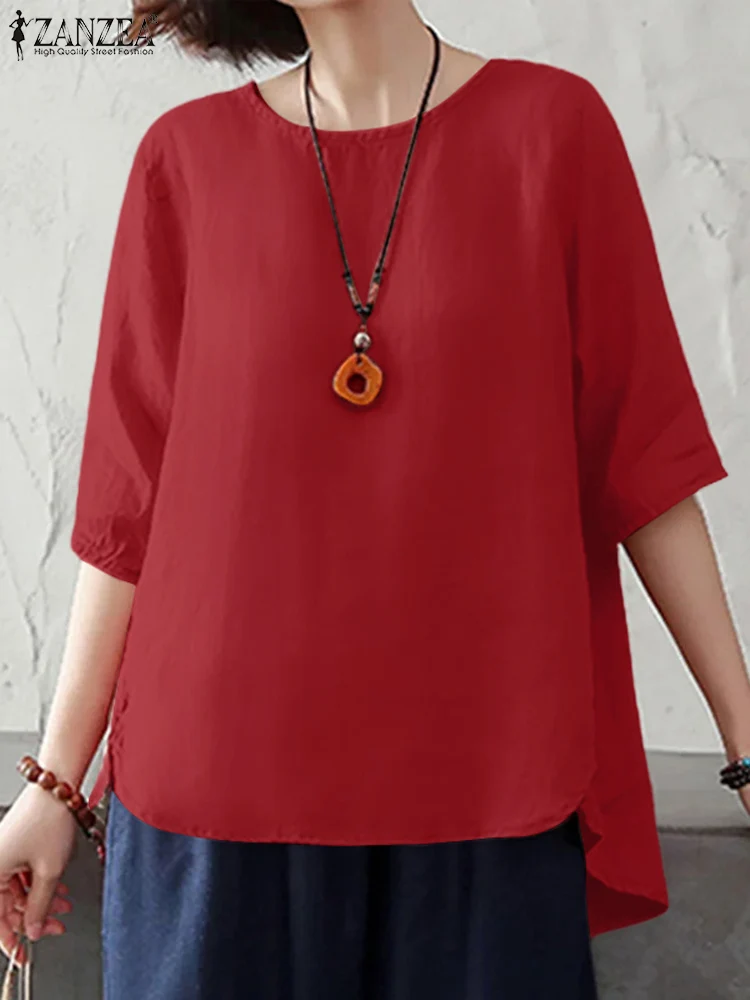 

ZANZEA Holiday Fashion Blusas Oversize O Neck Solid Color Casual Loose Tunic Tops High Low 2024 Summer Half Sleeve Women Blouses