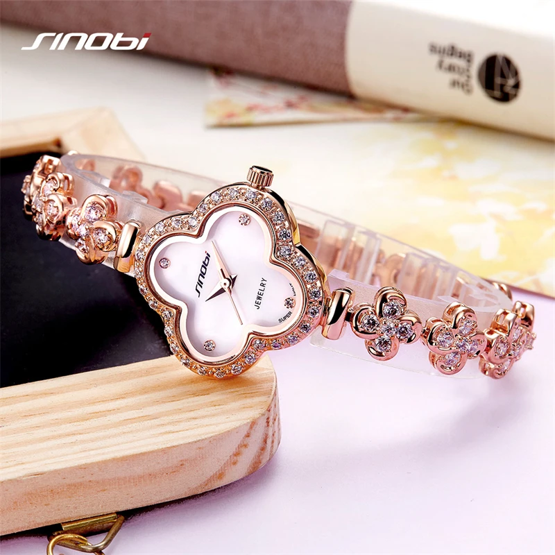 SINOBI Women High End Four Leaf Clover Shape Quartz Wristwatches Top Luxury Brand Noble Ladies Jewelry Watch Relogio Feminino