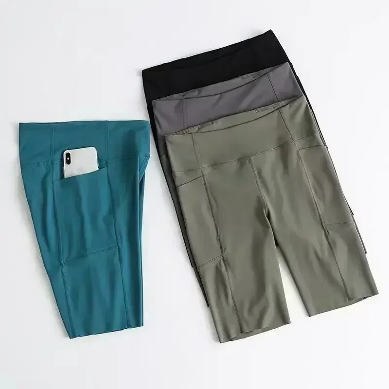Lemon Women Sports Yoga Shorts Pocket High Waist Solid Skinny Fitness Gym Running Cycling Short Casual Shorts With Pockets